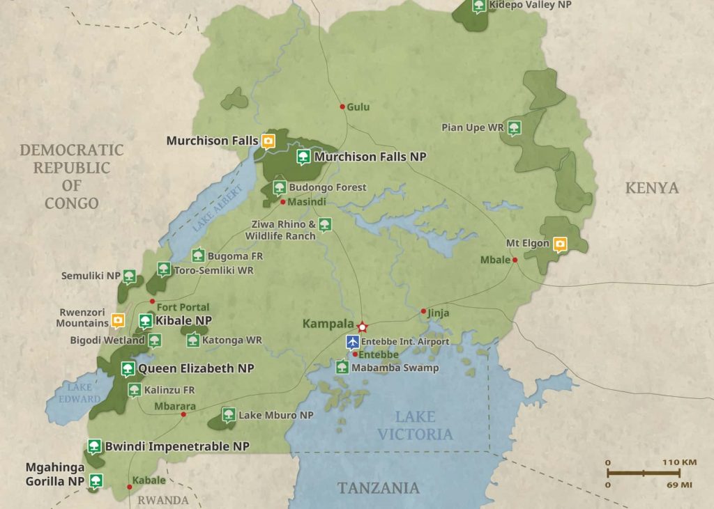 Map showing Uganda National Parks and Wildlife Reserves